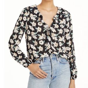 Paige Top Womens M Black Lili Floral Shirt Tie Front Ruffle Boho Peasant Blouse